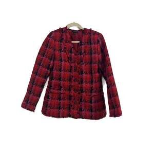 Ann Taylor Pink and Black Multi Houndstooth Tweed Long Cardigan Jacket